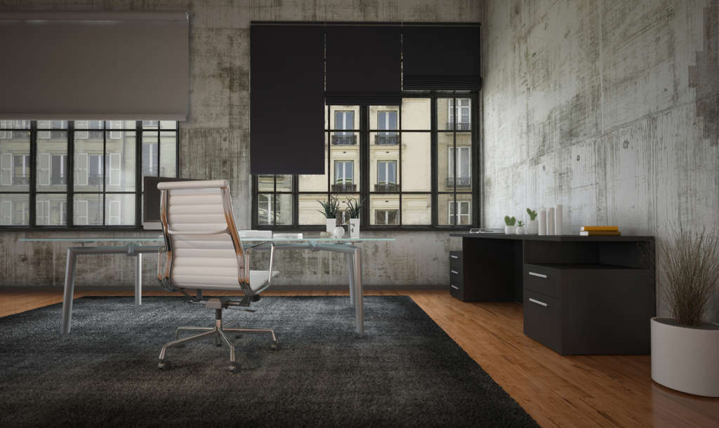 3D Rendering of Stark modern office interior with grey walls, mi